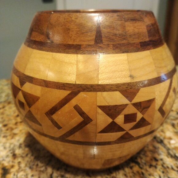 Wooden Turquoise Segmented Hand Crafted & Turned Round Bowl Artist Signed 3.5" - Picture 5 of 9